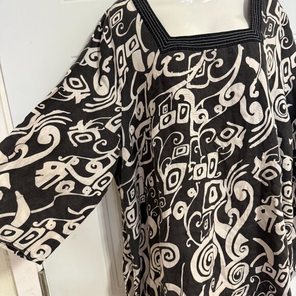 Black White Abstract Print Tunic Blouse Square Neck Oversized Boho Top - Picture 7 of 11